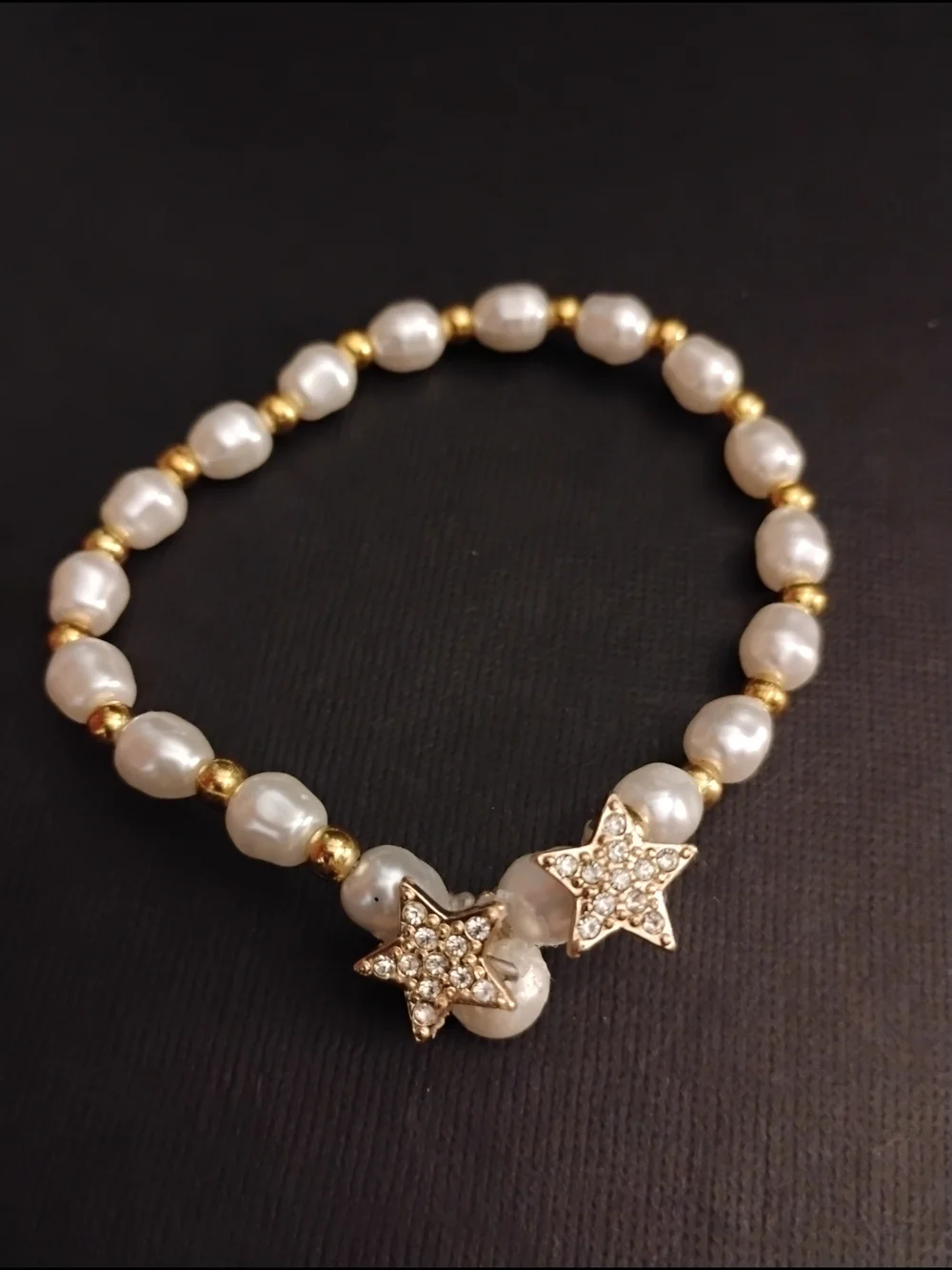 Gold & White Pearl Stretch Bracelet with Star Crystal Charms